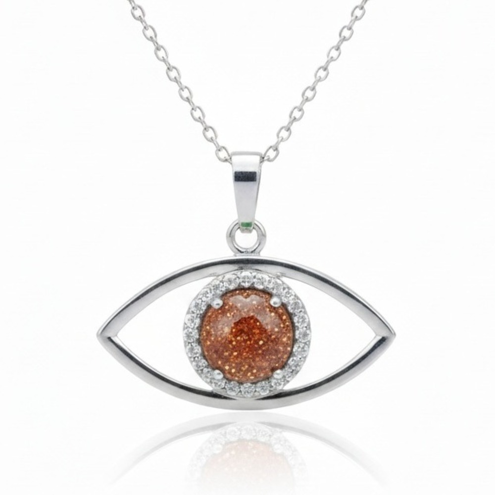Evil Eye Necklace Goldstone Cubic Zirconia Silver Pendant‎ Chain Jewelry